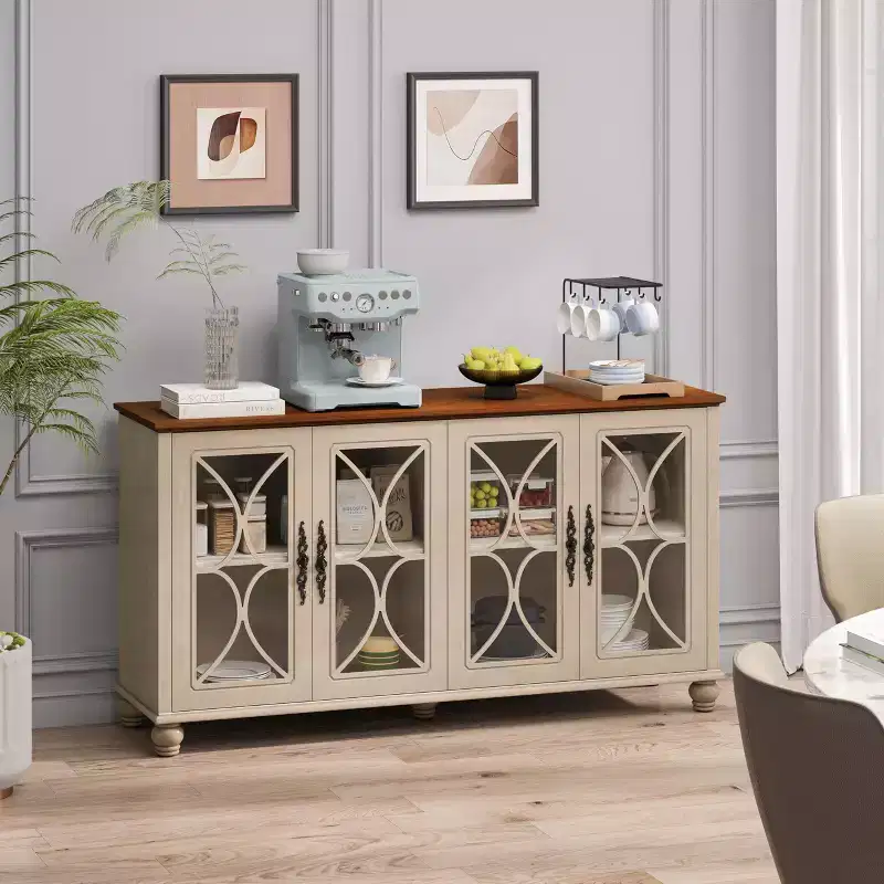 Sideboard Buffet Cabinet, 4-Door Curio Cabinet with Tempered Glass, 3-Height Adjustable Shelves, Floor Standing Display Cabinet for Home