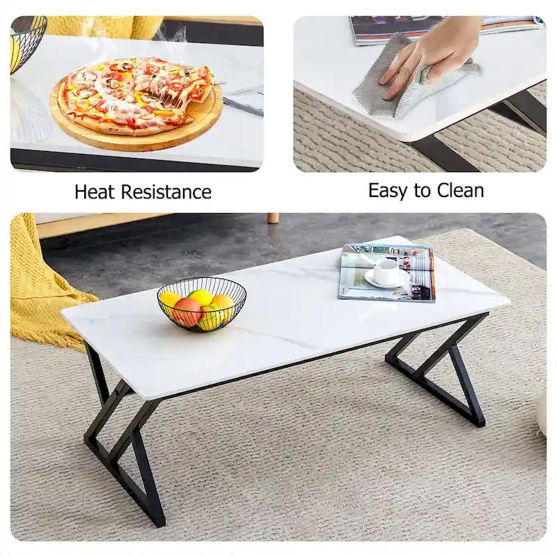 47 Modern Rectangular Coffee Table with Sintered Stone Tabletop and X-shaped Metal Legs