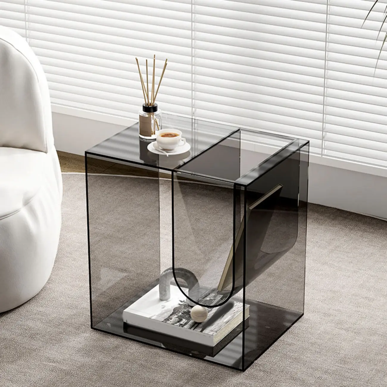 Stylish Gray Acrylic Side Table with Magazine Rack