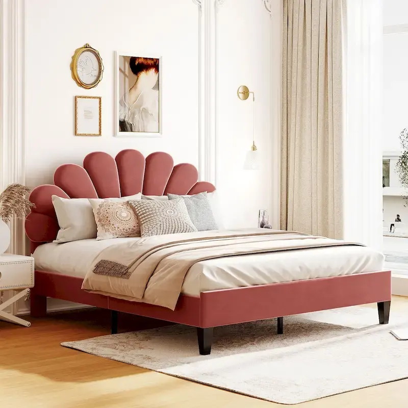 Queen, Red Velvet Floral Headboard Platform Bed, Fits 2