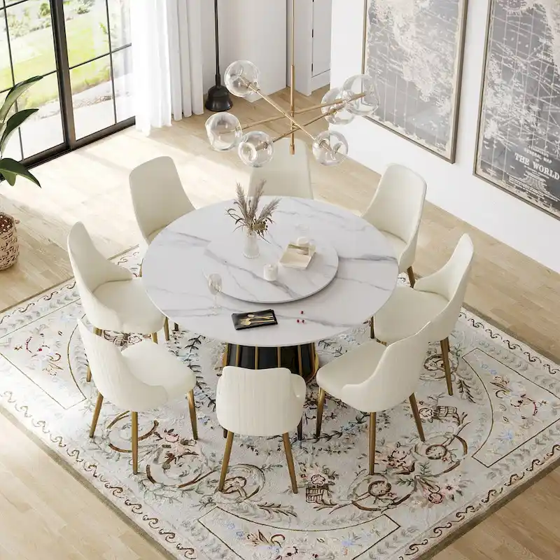 White Round Dining Table with Lazy Susan, Sintered Stone Top, Seats 6–8