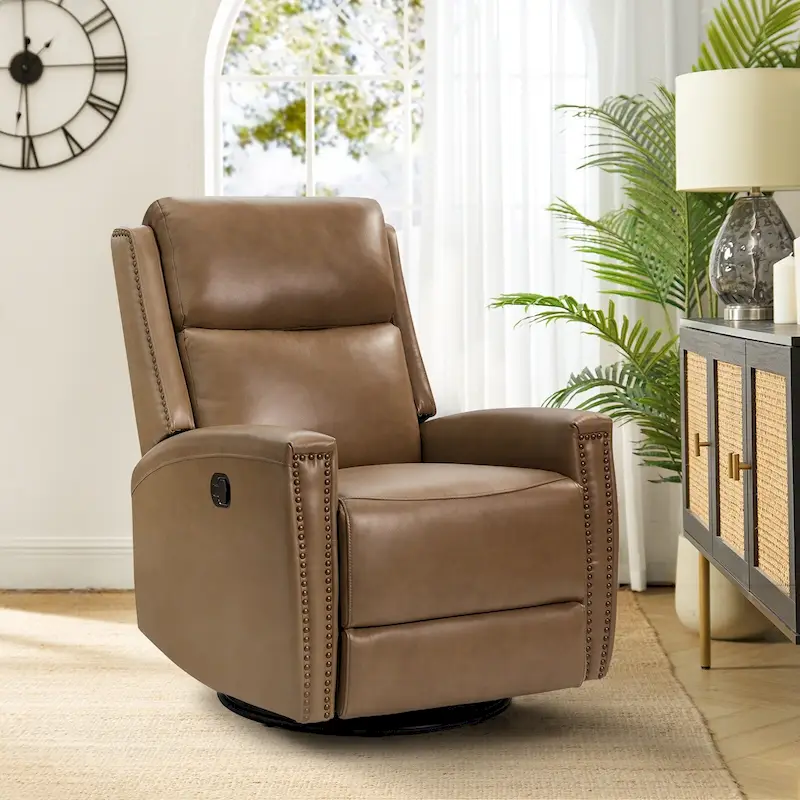 Fiacro 30.31Wide Modern Genuine Leather Wingback Swivel Rocker Recliner with Nailhead Trims