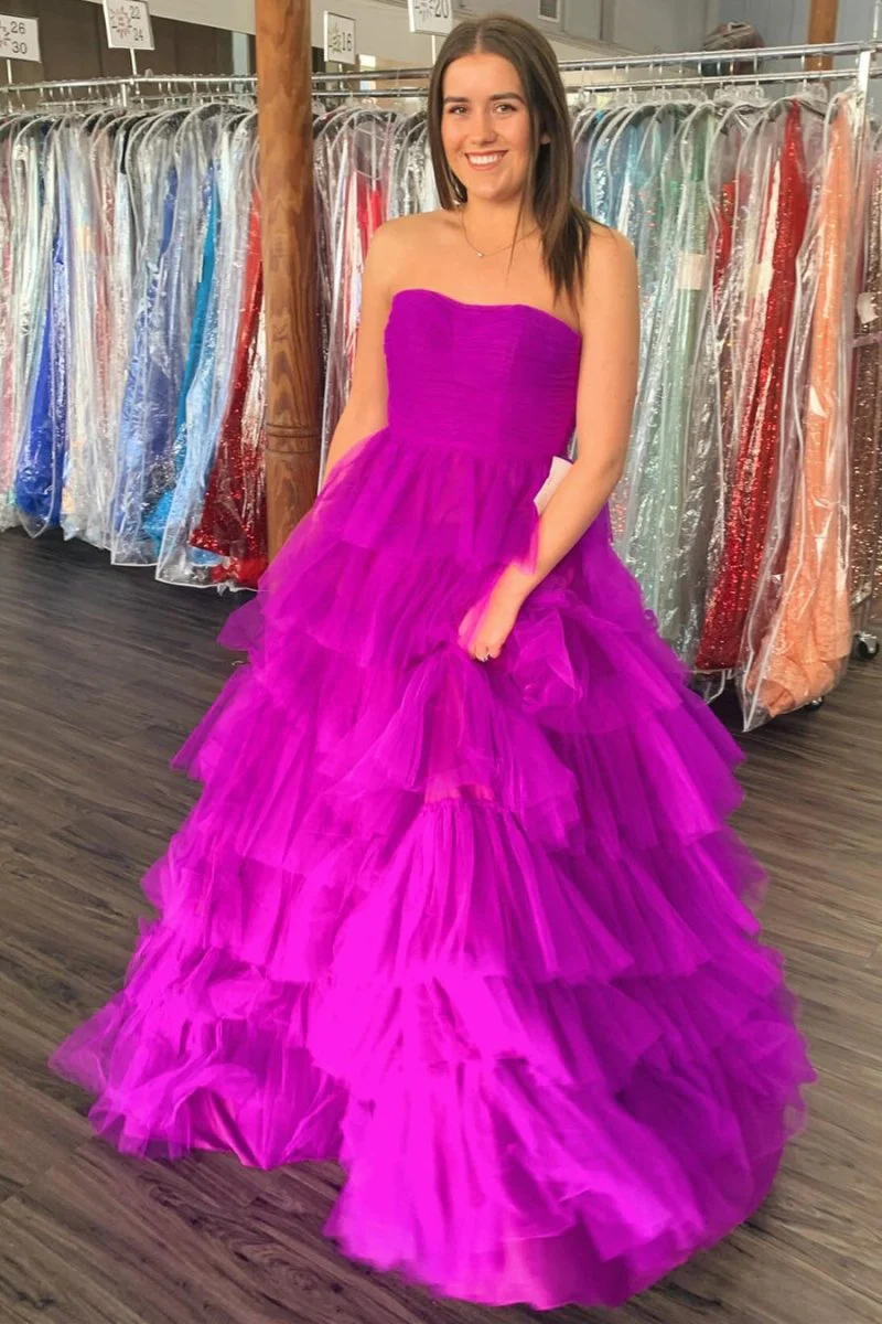 A-Line Strapless Tiered Tulle Prom Dress with Ruffles
