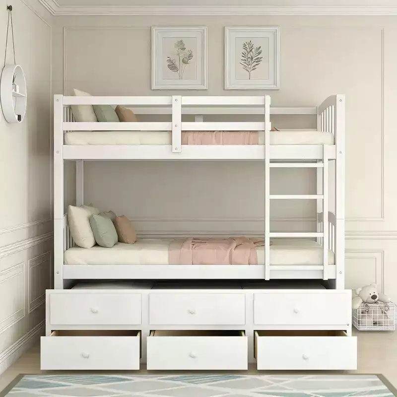Luxystar Modern Twin Over Twin Bunk Bed With Trundle and 3 Drawers