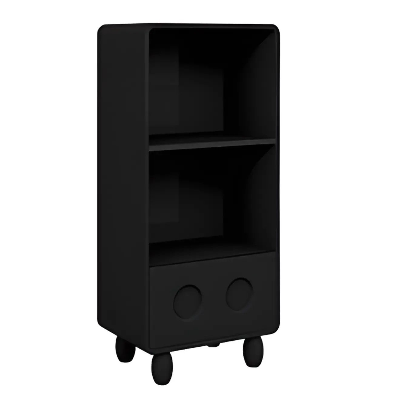 Narrow Black Wood 5-Tier Rolling Bookcase with Drawers