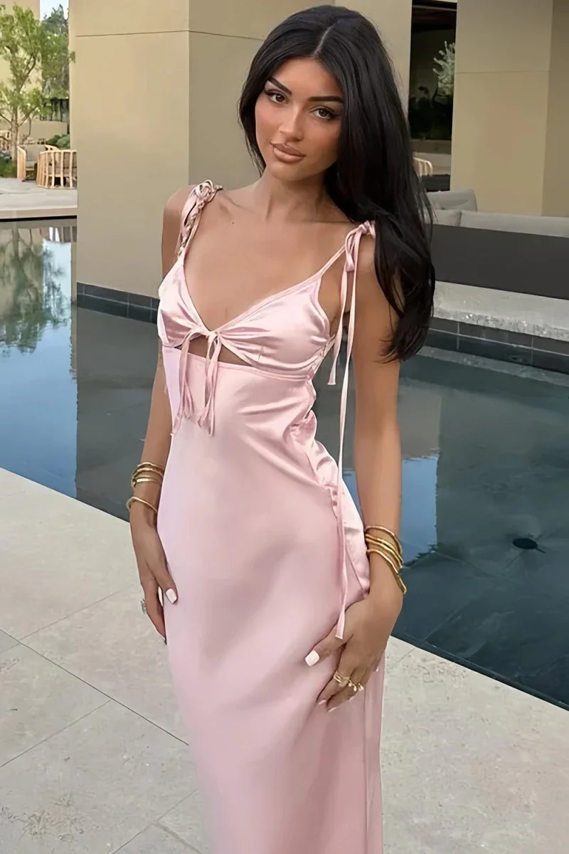 Pink Sheath Spaghetti Straps Satin Long Prom Dresses With Keyhole