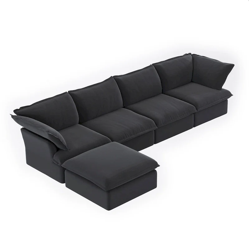 Gray Velvet L-Shape Sectional Sofa - 5 Seat