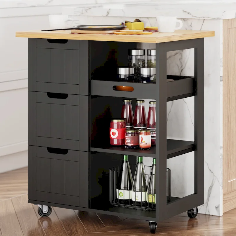 Futzca Kitchen Island Cart with 3 Open Shelves and 3 Drawers - N/A