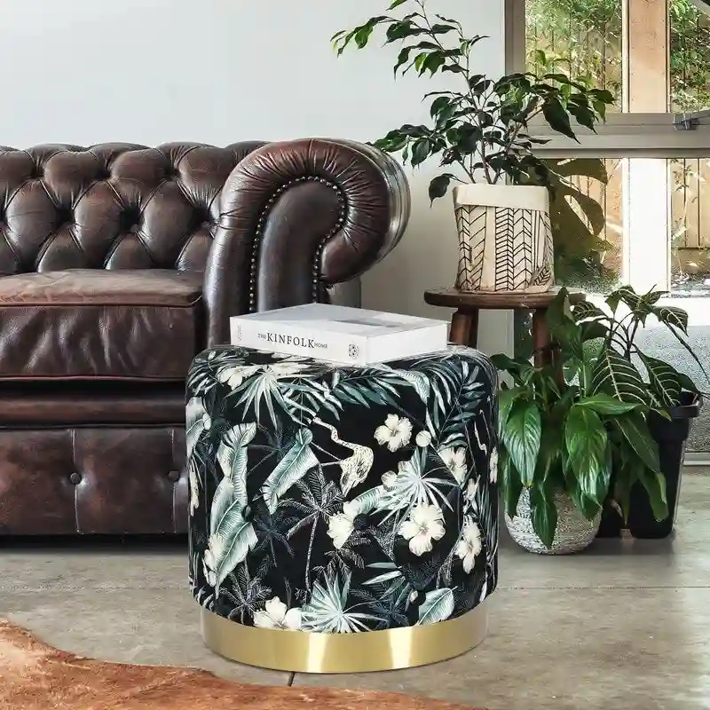 Adeco Round Flower Velvet Ottoman Foot Stool with Gold Trim Foot Rest