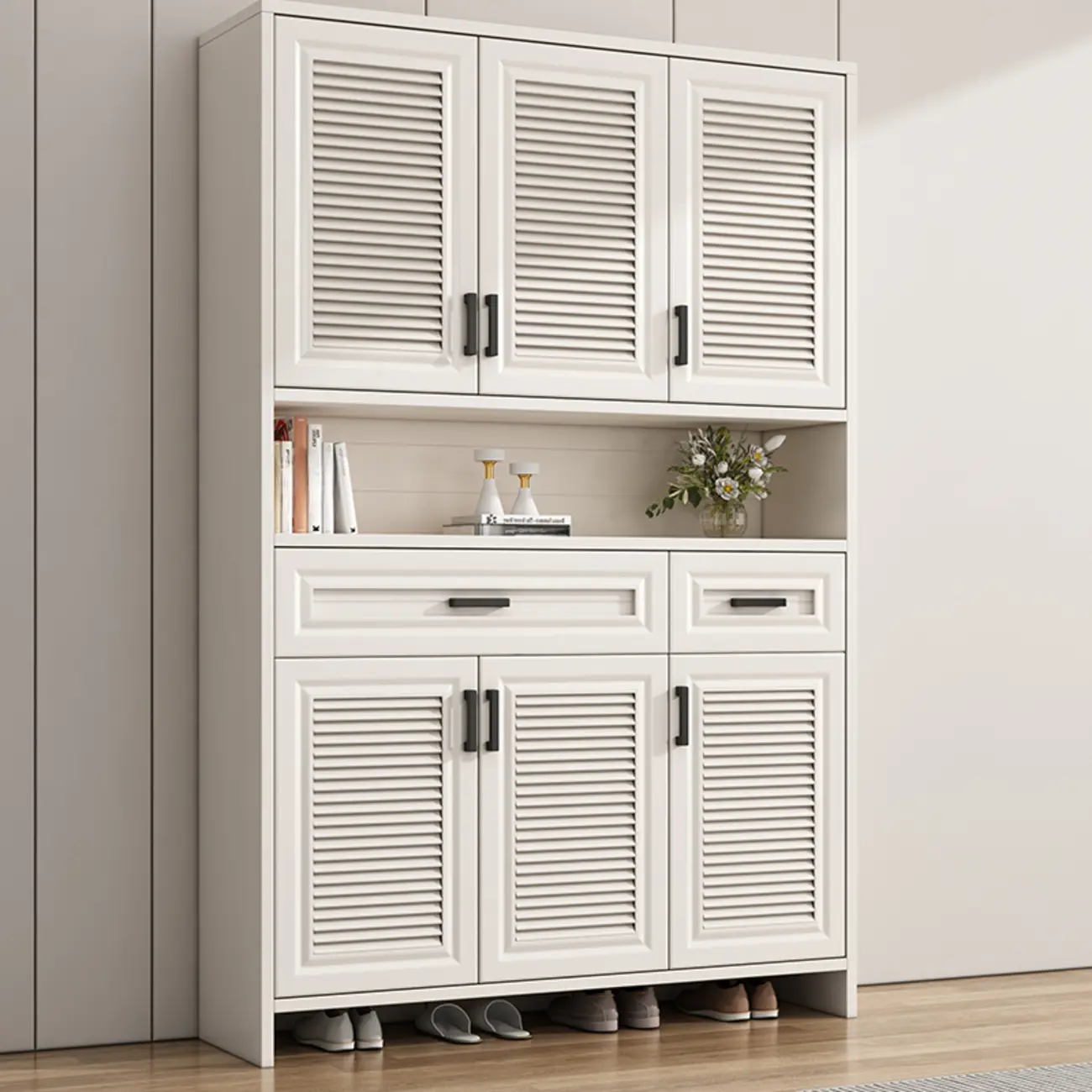 79H Entryway White Metal Shoe Cabinet with Drawers