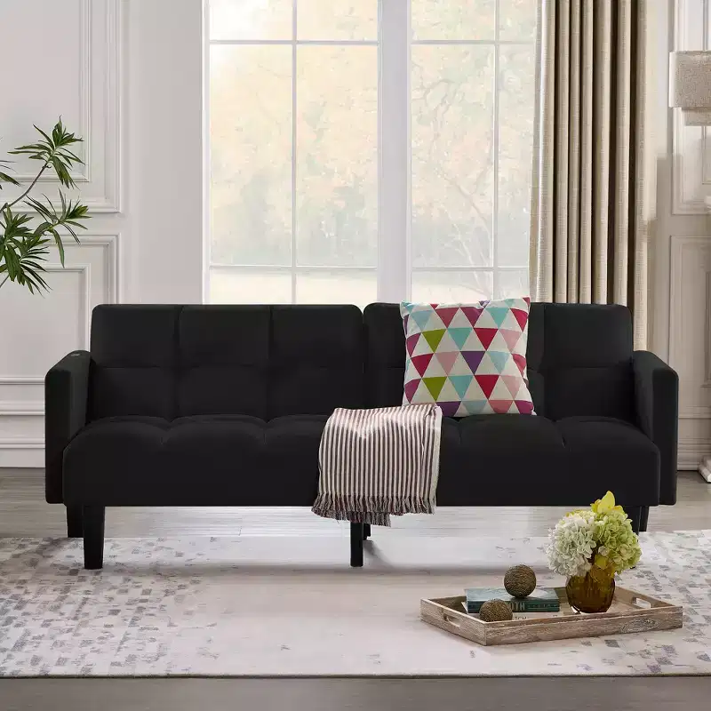 MAYEERTY Velvet Futon Couch Convertible Folding Three Seater Sofa Bed Tufted Couch for Apartment Black