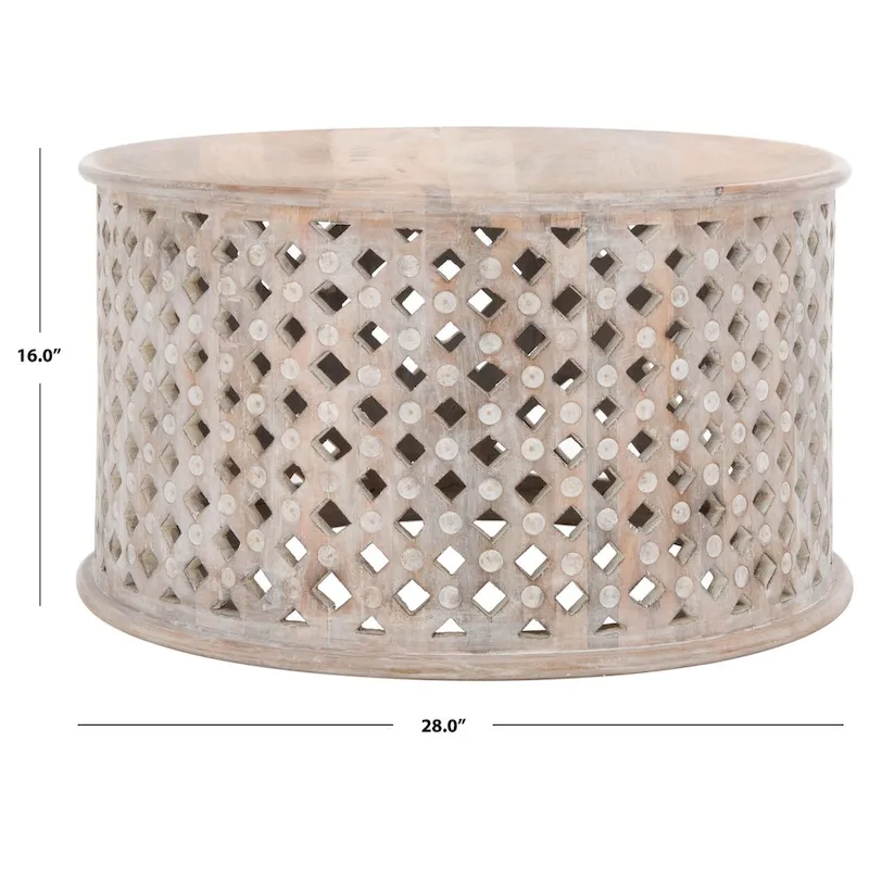 Round Mango Wood Coffee Table with Lattice Base