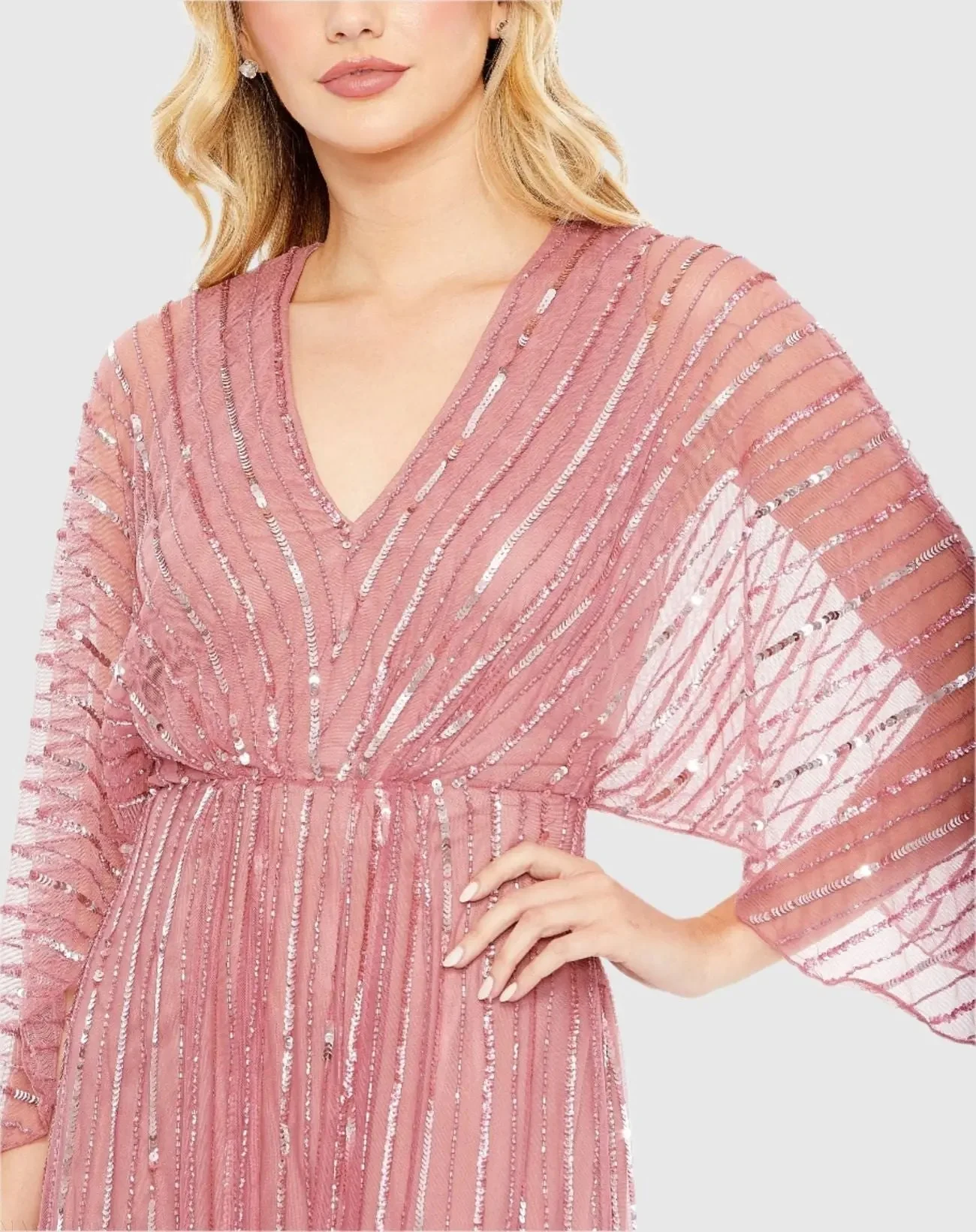 Pink Beaded Striping Kimono Sleeve V Neck Gown