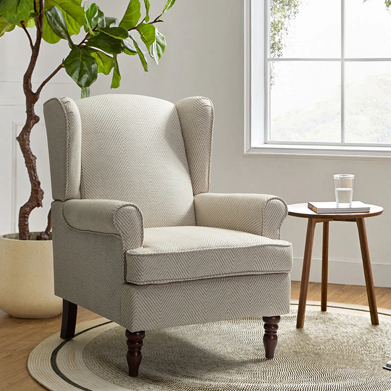 Wingback Armchair with Linen-Cotton-Viscose Blend Upholstery, Pocket Spring & Foam Fill | Tan / Blue / Green / Brocade | Single Seat