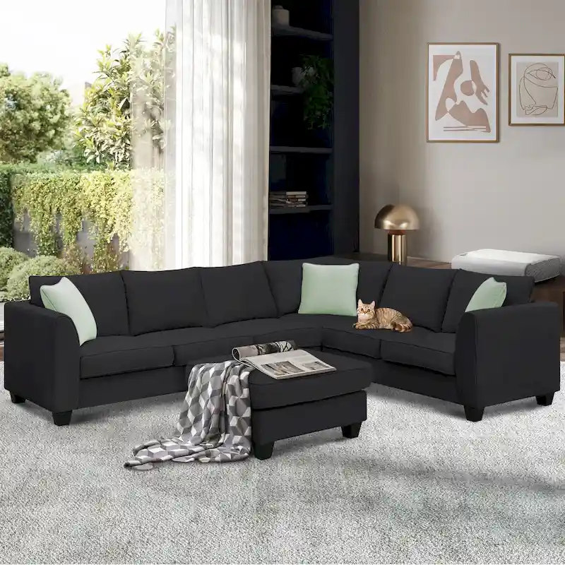 112*87 Sectional Sofa Couches Living Room Sets 7 Seats Modular Sectional Sofa with 3 Pillows, Black