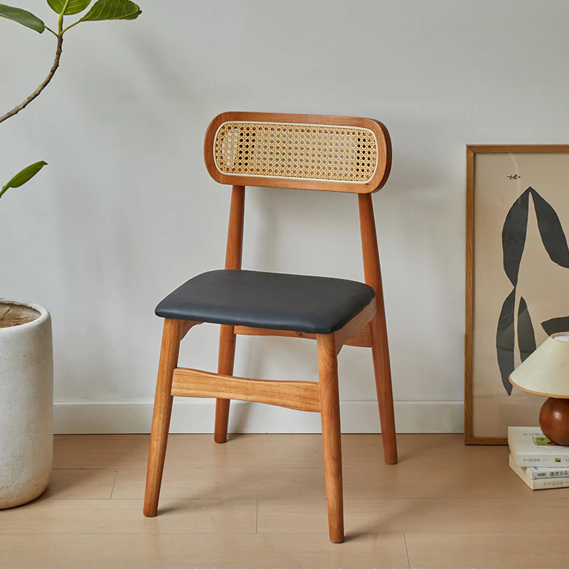 Rustic Black Wooden Armless Dining Chair with Handwoven Back