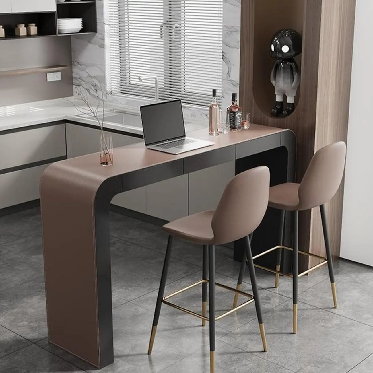 Modern Brown Leather Wooden Curved Bar Tables with 3 Drawers