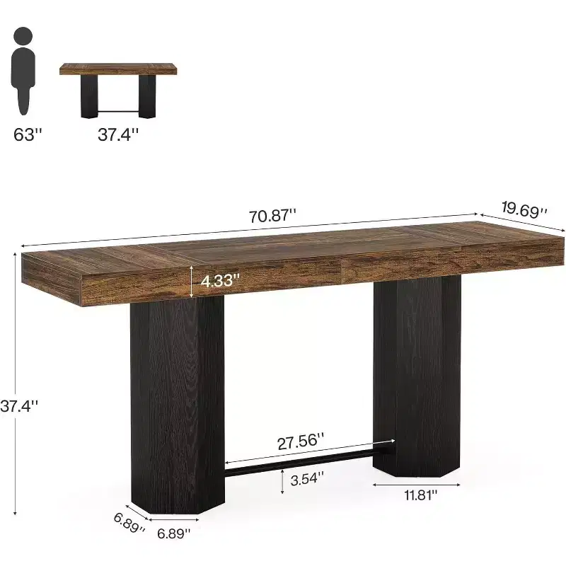 Lantine 70.9-Inch Extra Long Bar Table, Industrial Counter Height Table with Metal Footrest for Kitchen, Dining Room, Pub, Rustic Brown & Black