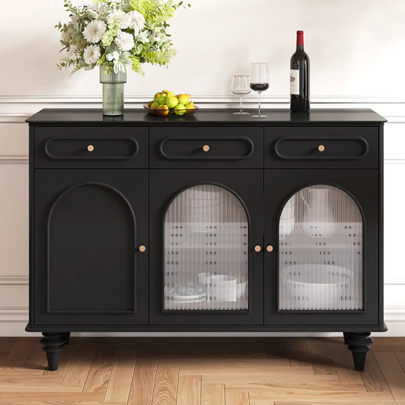 Vintage Midnight Black Wood Storage Sideboard