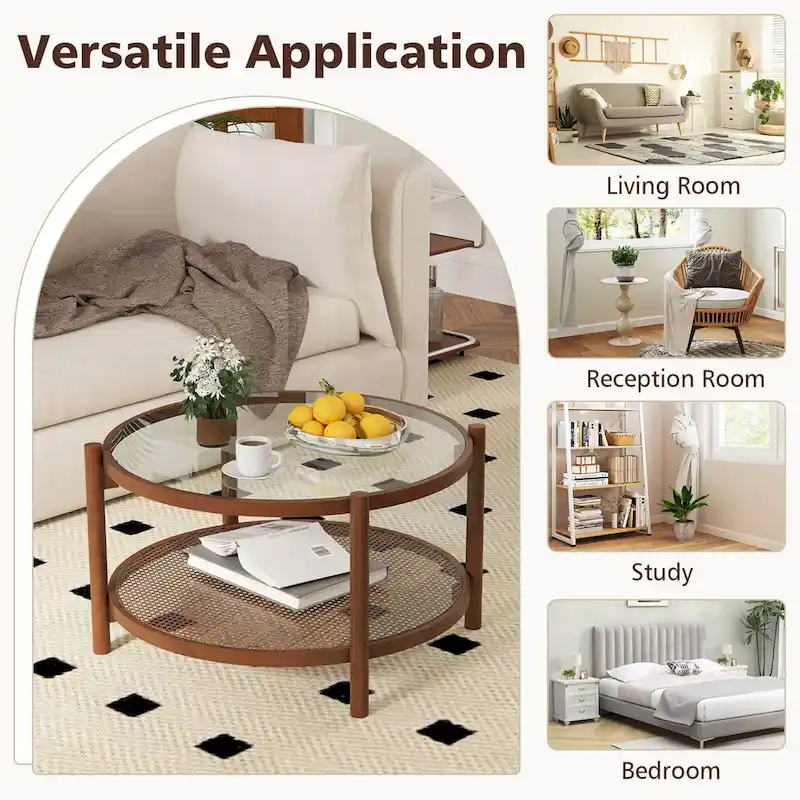 Costway Wooden 31 Round Coffee Table with Tempered Glass Top Handmade - Cherry+Transparent - See Details