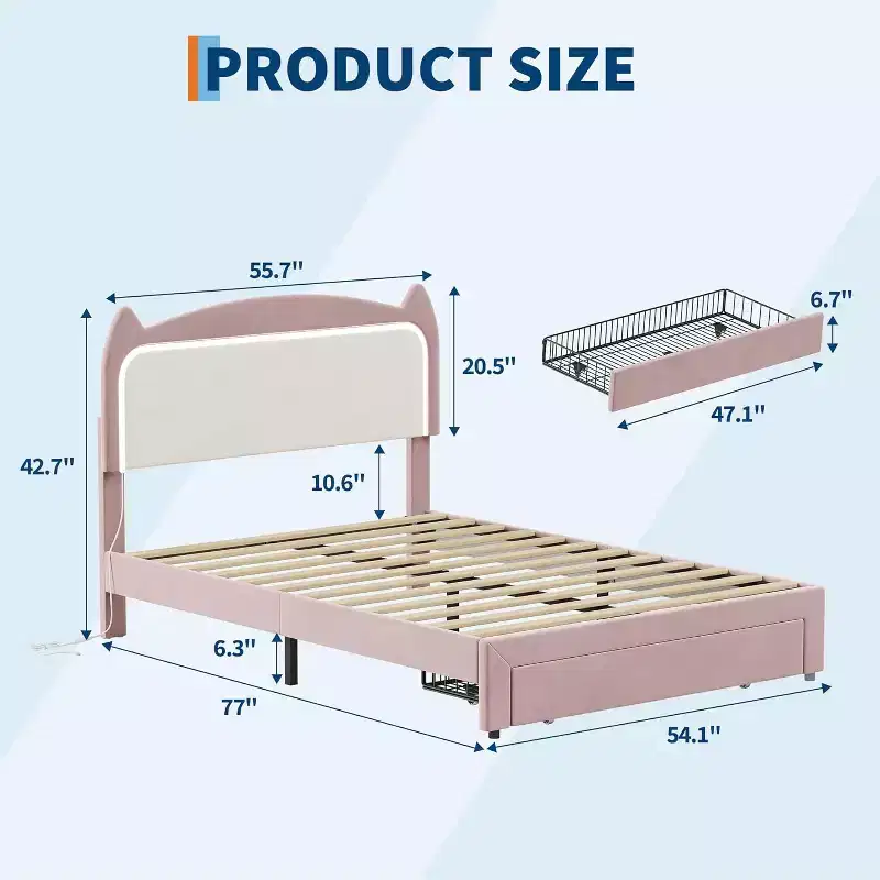 Full Platform Bed Frame with Drawer, Noise Free Upholstered Bed Frame with Cat Headboard, GRB LED Lights & Strong Wood Slats Support