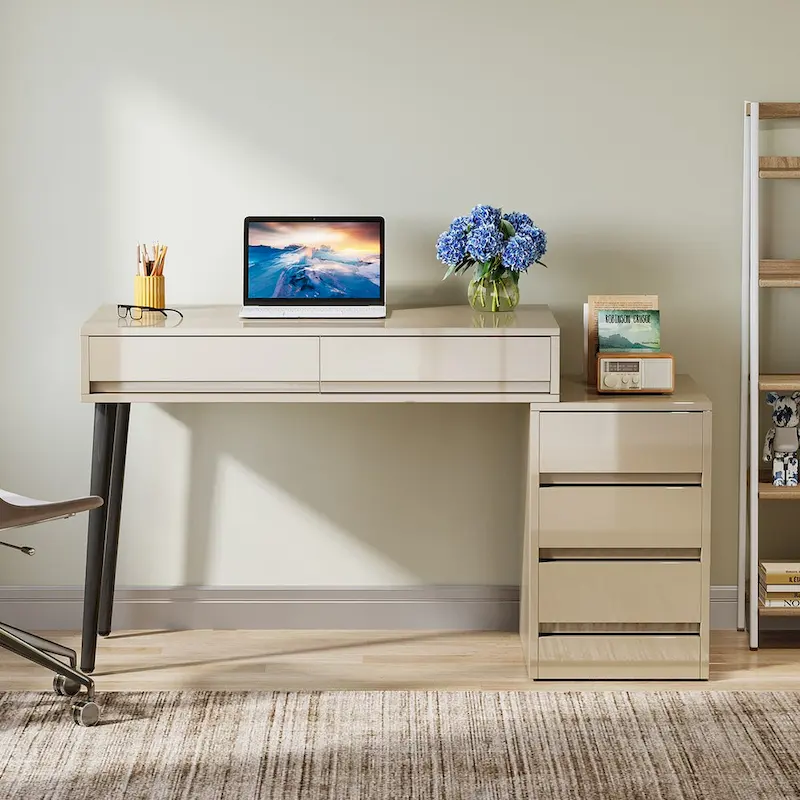 Reversible Computer Desk with 5 Drawers & Printer Stand – High Gloss White