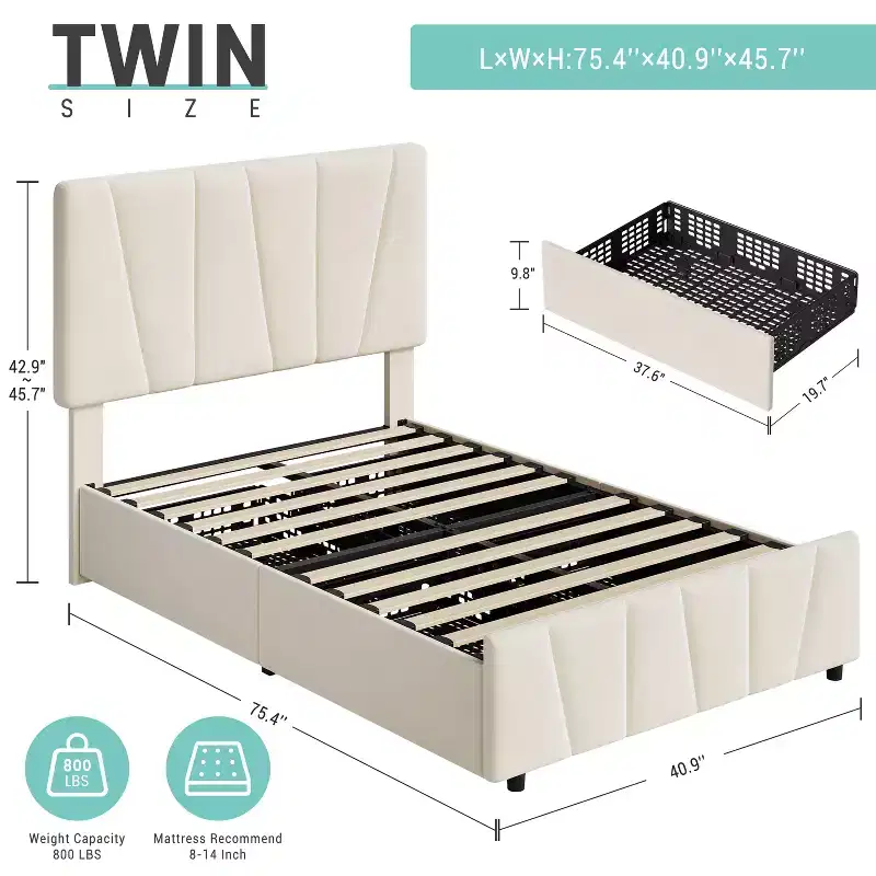COZONY Twin Size Bed Frame with Adjustable Headboard & 2 Storage Drawers, Velvet Upholstered Tufted Platform Bed, No Box Spring Needed, Beige