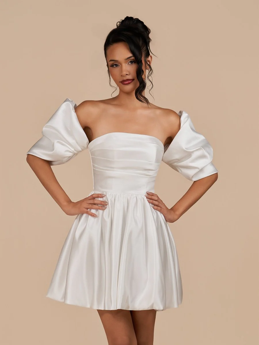 Ivory - A Line Satin Strapless Puffed Sleeves Short Homecoming Dresses