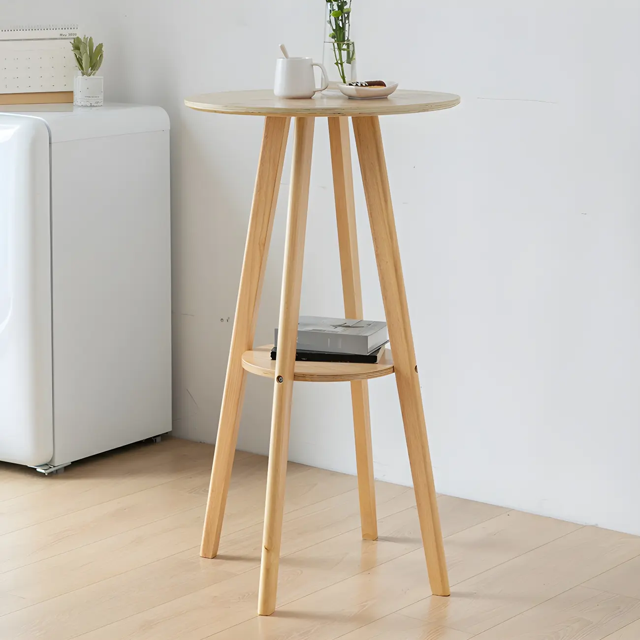 Minimalist Round 2-tier Bar Height Small Wooden Bar Table