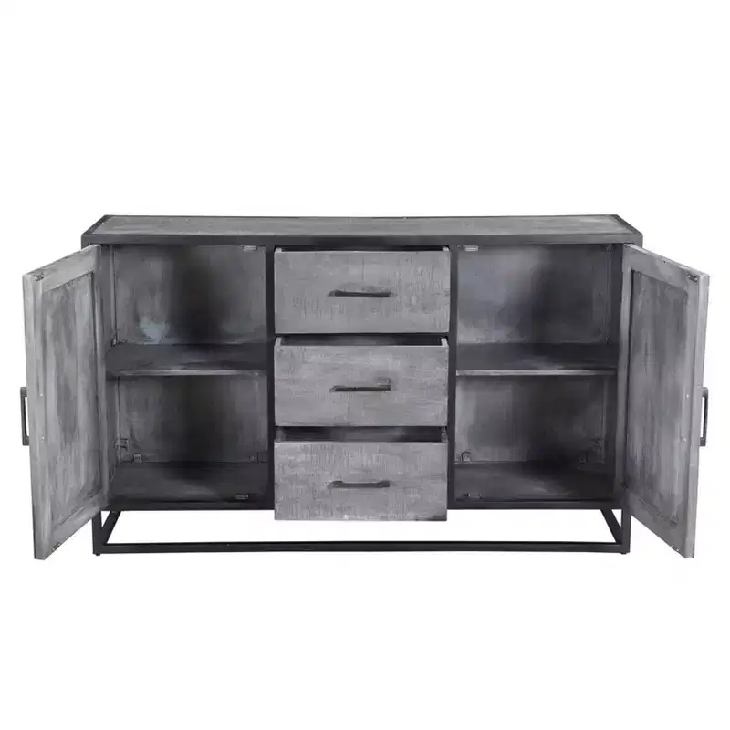 Raven Mango Wood Sideboard Gray - Timbergirl: Dining Room Credenza, Metal Frame, 3 Drawers, 2 Doors