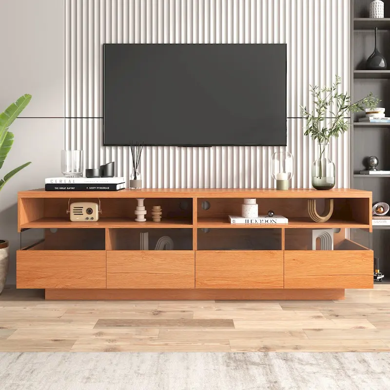 Modern TV with 4 Drawers& 2 open Cabinets, Media Console Table for TVs up to 75 ,Wood