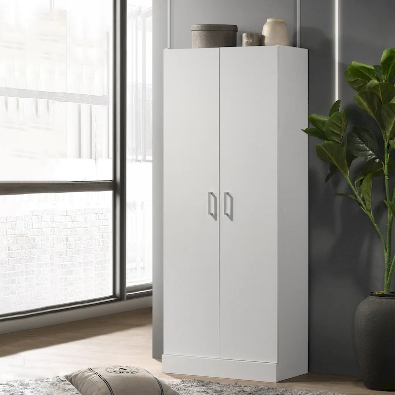 60 Tall White Double Door Cabinet, Freestanding Cupboard Closet Storage Organizer with 4 Tier Shelves