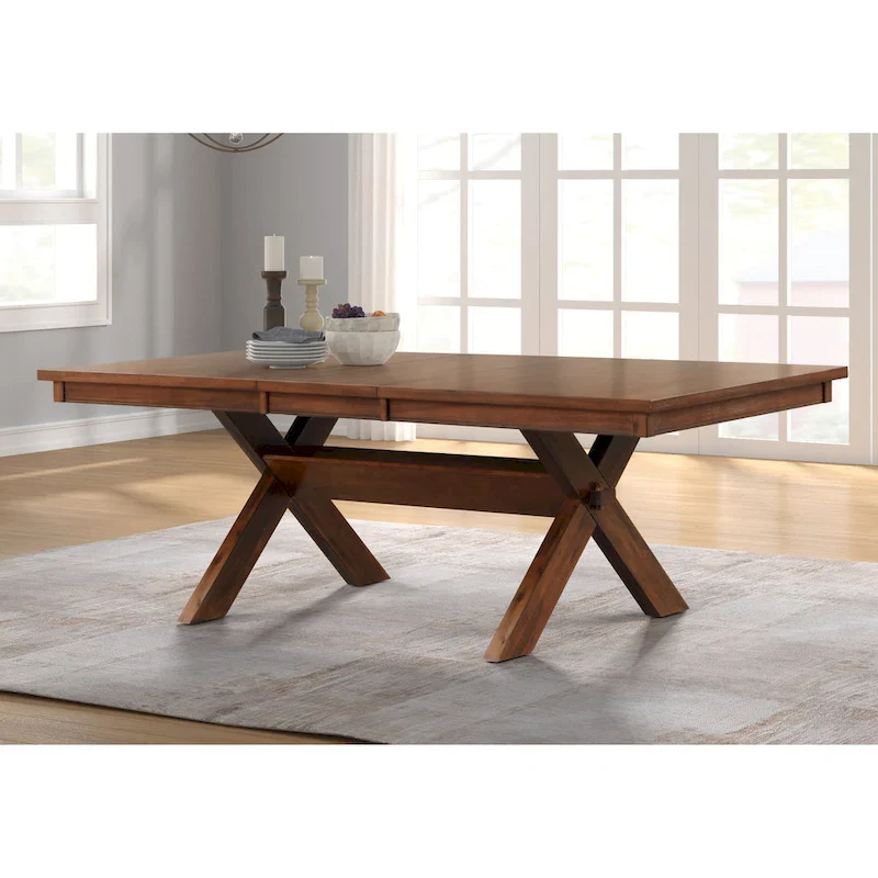 Roundhill Furniture Karven Wood Trestle Extendable Dining Table with Leaf, Dark Hazelnut