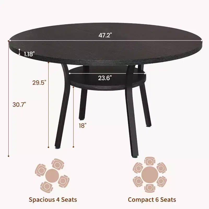 Dining Table for 4, 47 Inch Kitchen Table, Round Dining Room Table with Storage Shelf for Dining Room, Kitchen