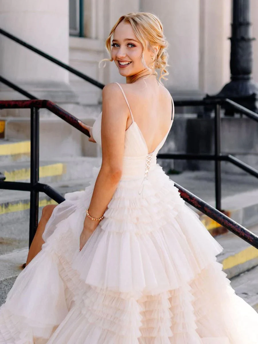 A-Line Spaghetti Straps Long Tiered Tulle Prom Dress With Split