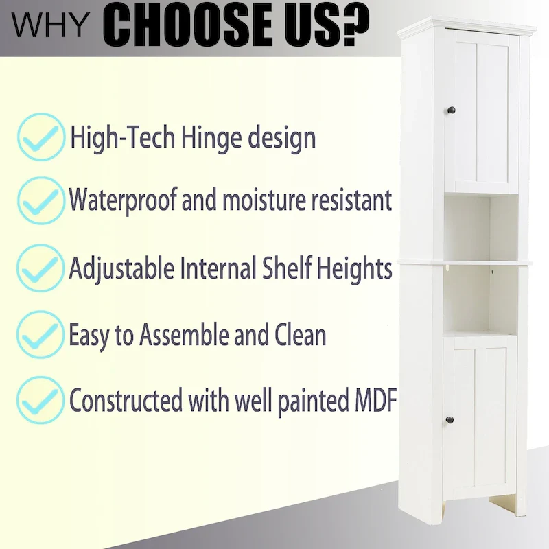 White MDF Wood 67-Inch Tall Tower Bathroom Linen Cabinet