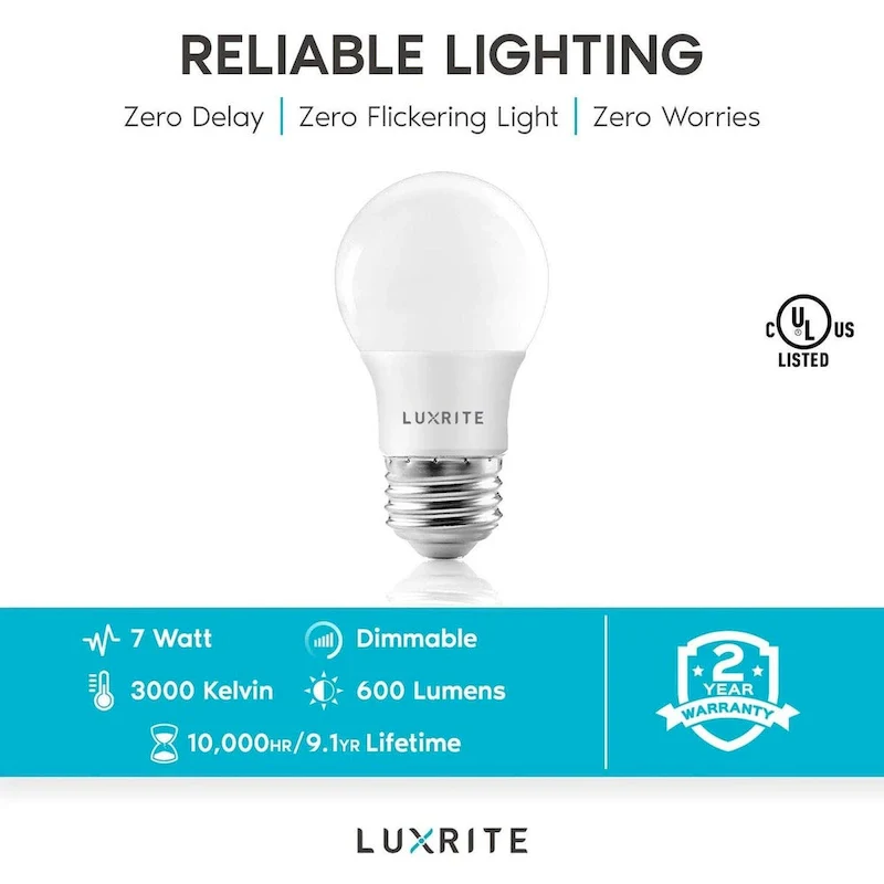 Luxrite A15 LED Light Bulb, 40W Equivalent, Dimmable, 600 Lumens, Enclosed Fixture Rated, Energy Star, E26 Base (4 Pack)