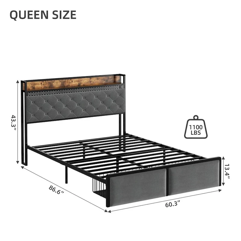 Bed Frame with RGB LED Lights Headboard & 2 Storage Drawers