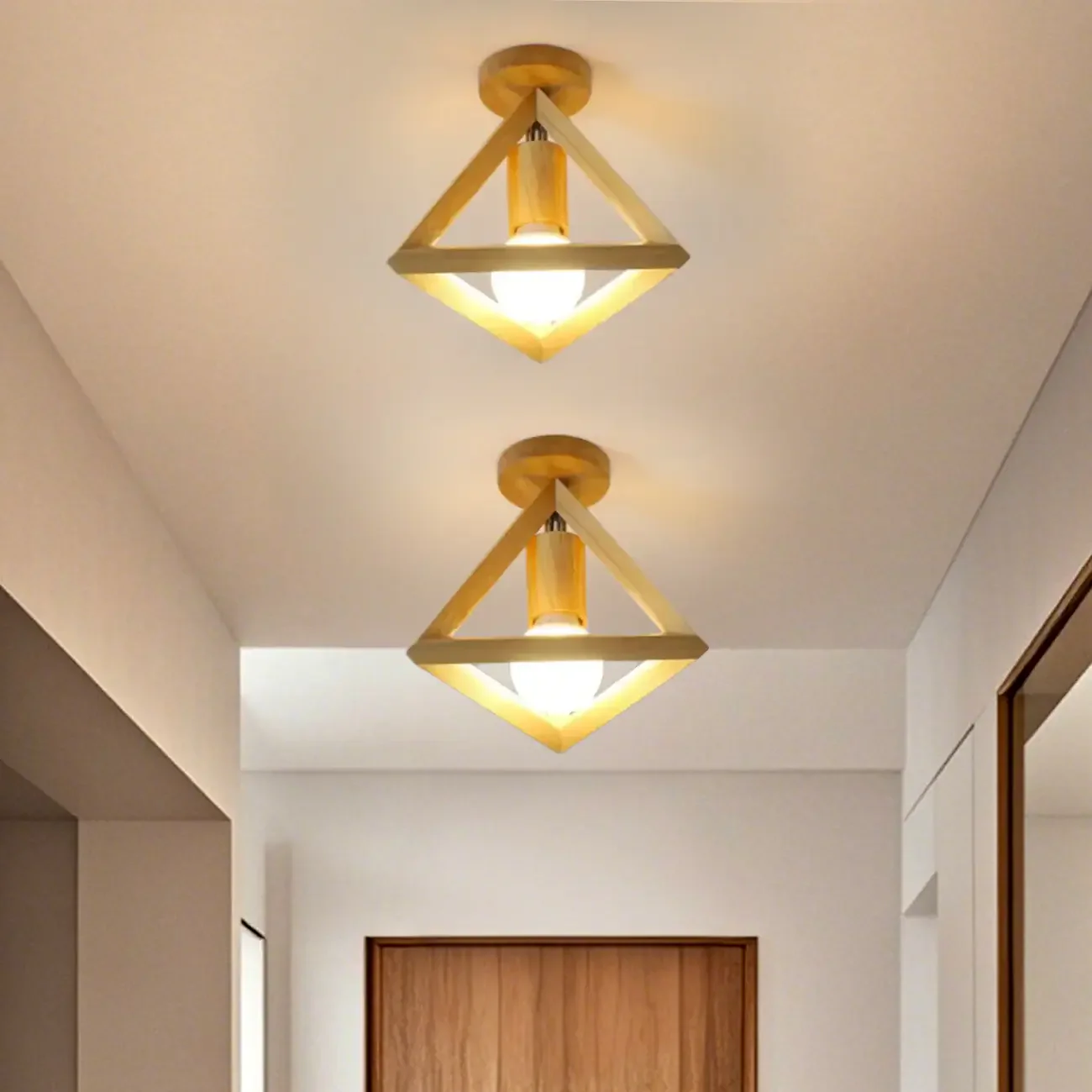 Natural Rubber Wood Cube Shade Semi Flush Ceiling Light