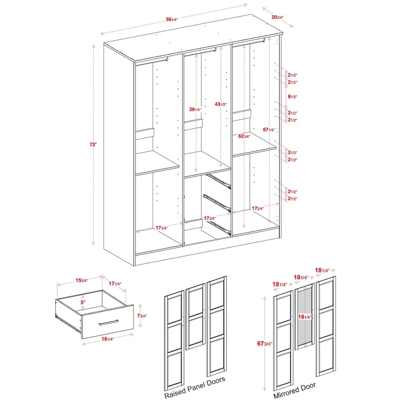 3-Door Solid Wood Wardrobe – White/Mocha/Grey/Java/Black/Mahogany, Solid or Mirrored Door, Single-User