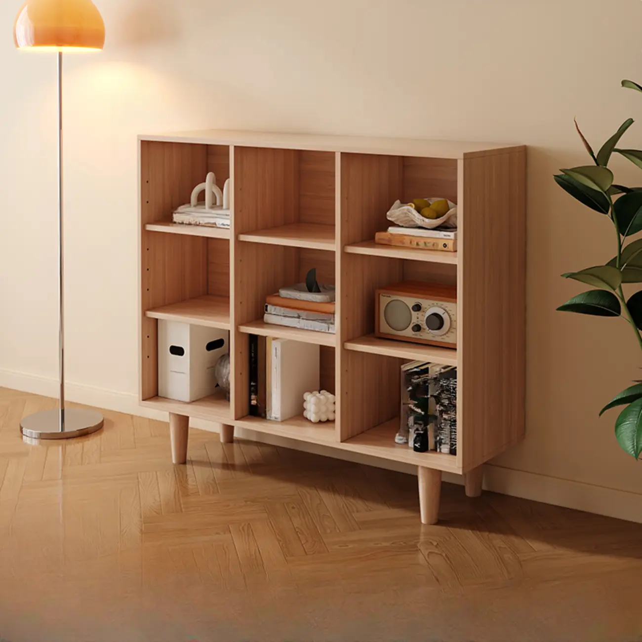 Wide 7-Shelf Modern Wooden Nut-Brown Open Bookcase