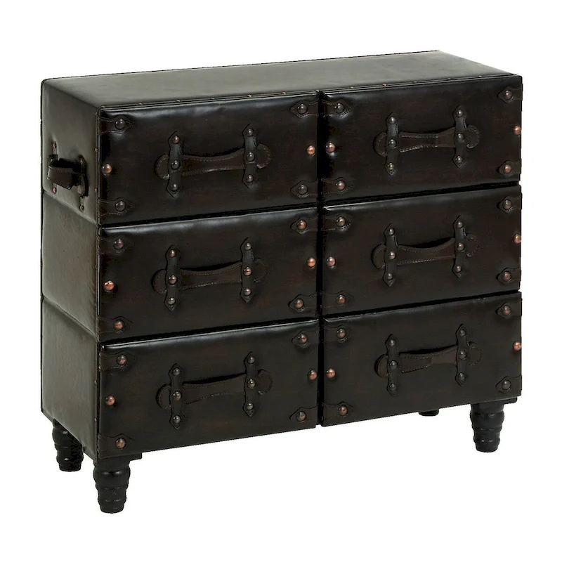 Wood Vintage Faux Leather Room Chest with Rivets and Straps Detailing - Black - Roche River Decor