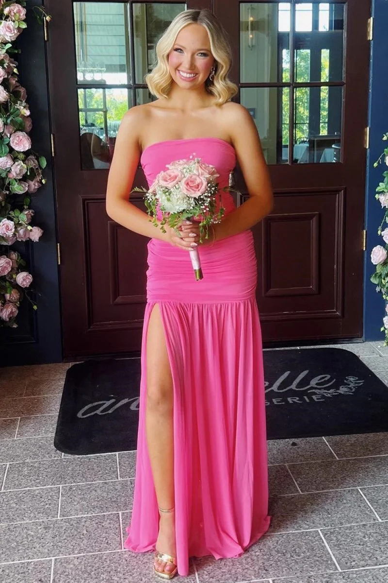 Hot Pink Sheath Strapless Pleated Chiffon Long Prom Dresses