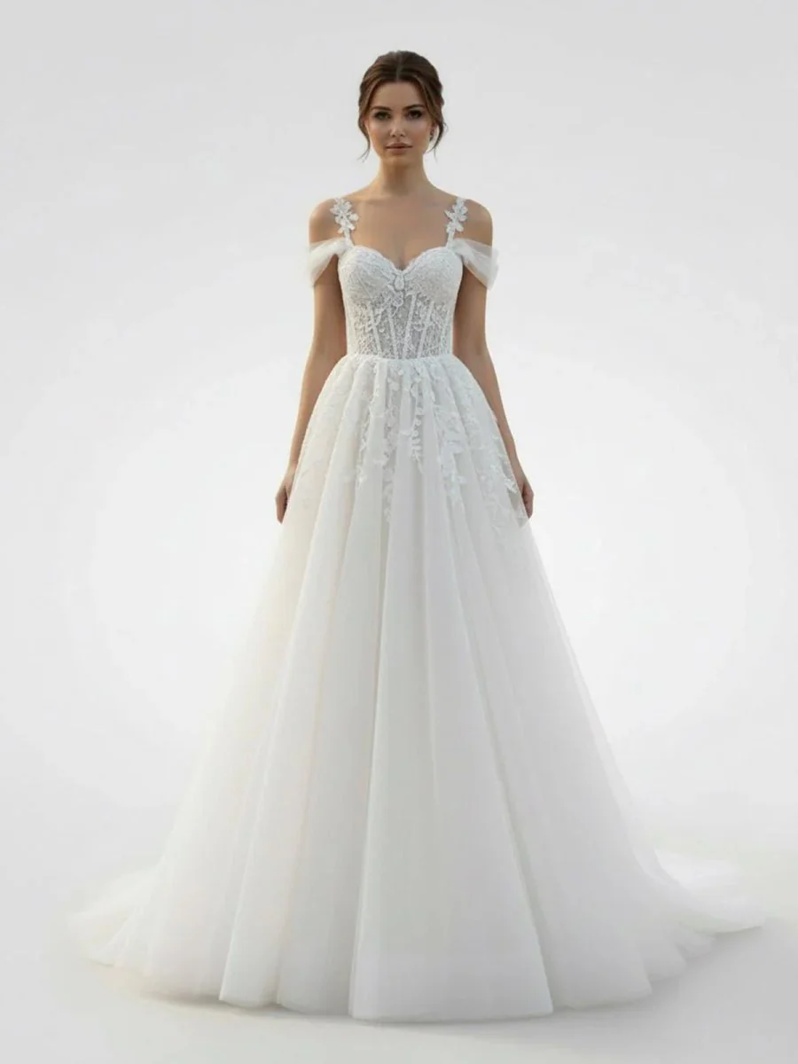 A-Line Off-The-Shoulder Tulle Wedding Dresses With Appliques Lace