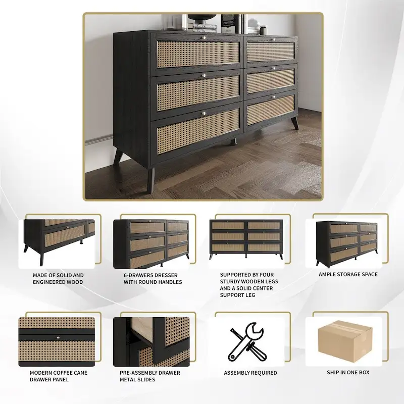 Mid-Century Modern Black Dresser with 6 Drawers