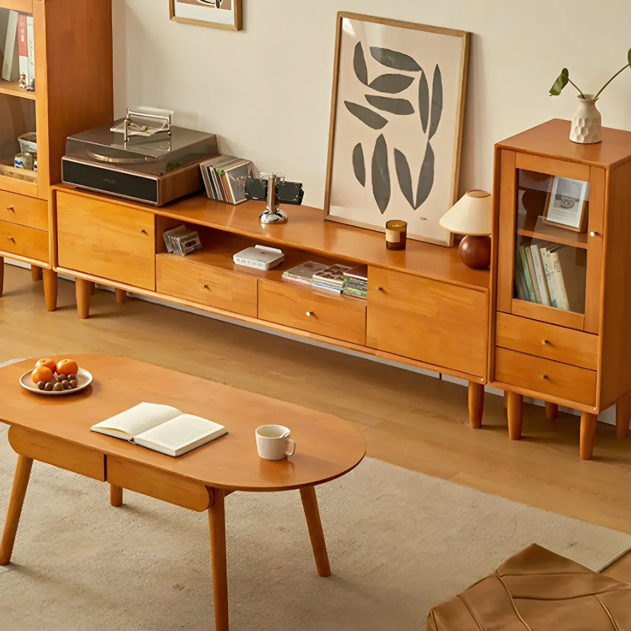 Scandinavian Brown Wooden TV Stand with Drawers