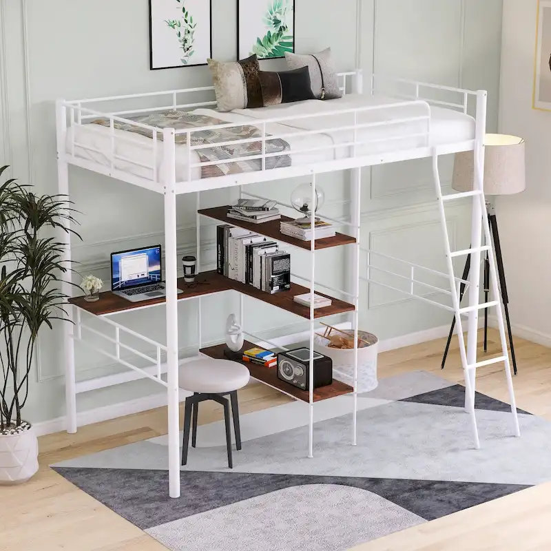 White Twin Low Loft Bed with Ladder and Safety Fence for Children