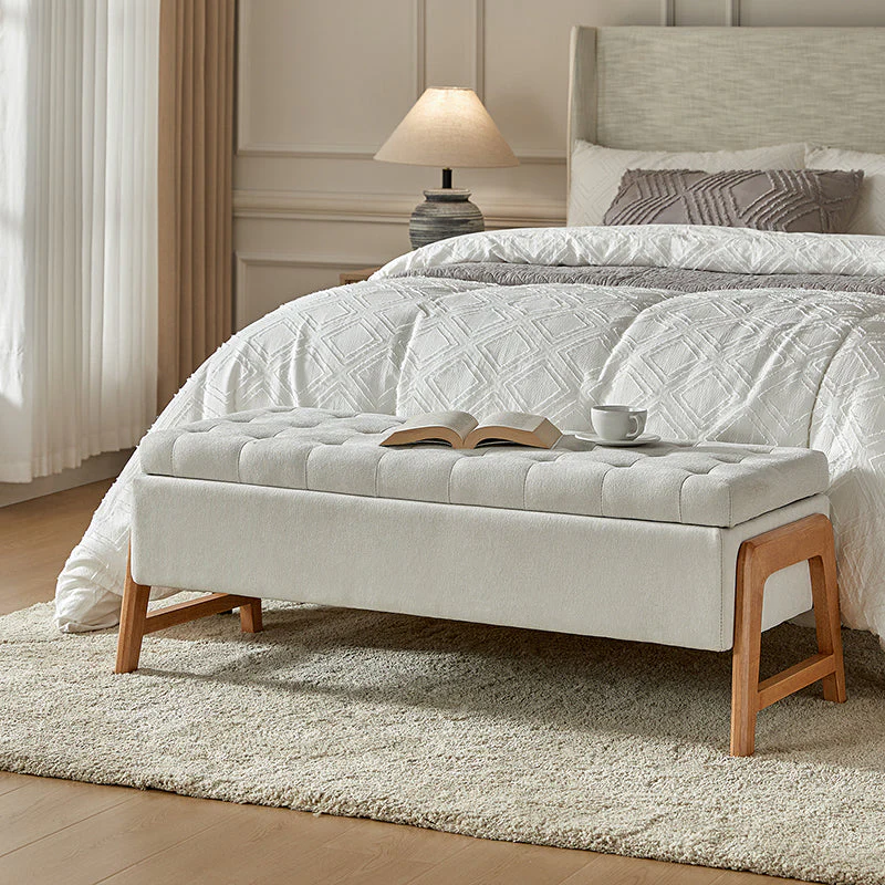 Mid-Century Upholstered Storage Bench with Arms | Tan / Brown / Ivory / Turquoise | Single