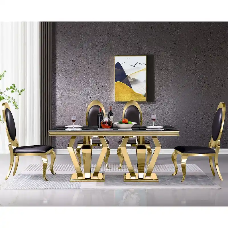 Luxury Black PU Leather Dining Chairs with Polished Gold Cabriole Legs