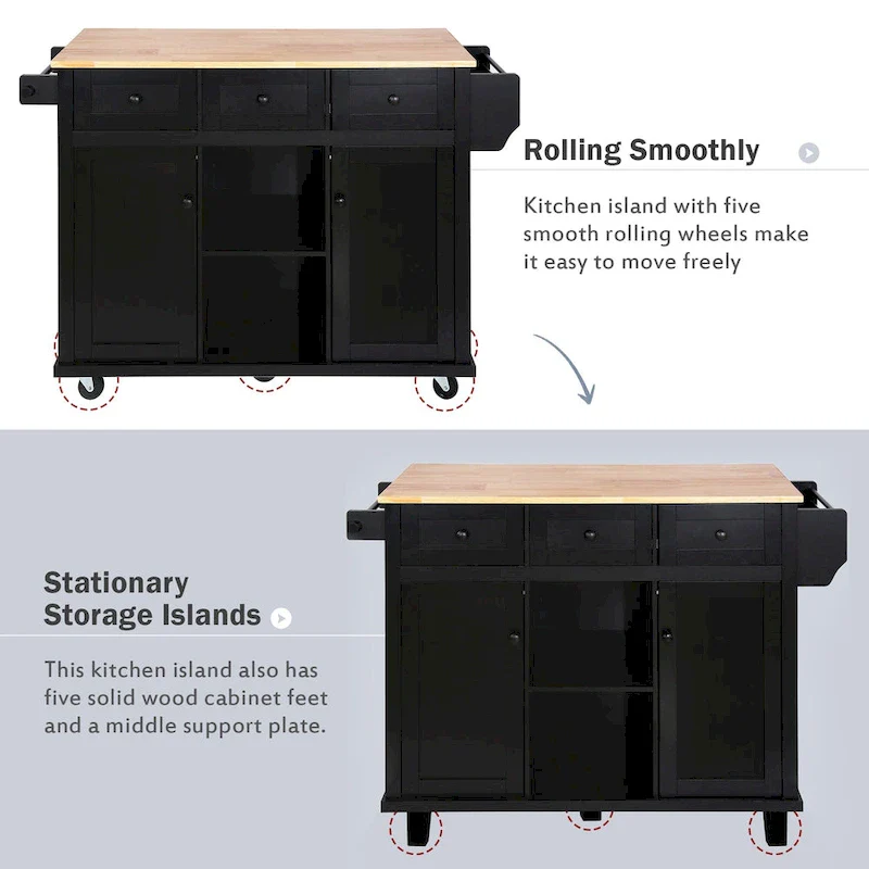 Kitchen Cart with Rubber wood Drop-Leaf Countertop